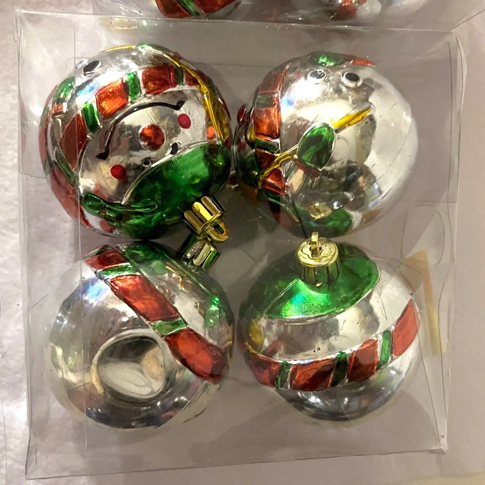 Hand Painted Snowman Christmas Ornaments Metallic Plastic Set of 8 Vintage Style